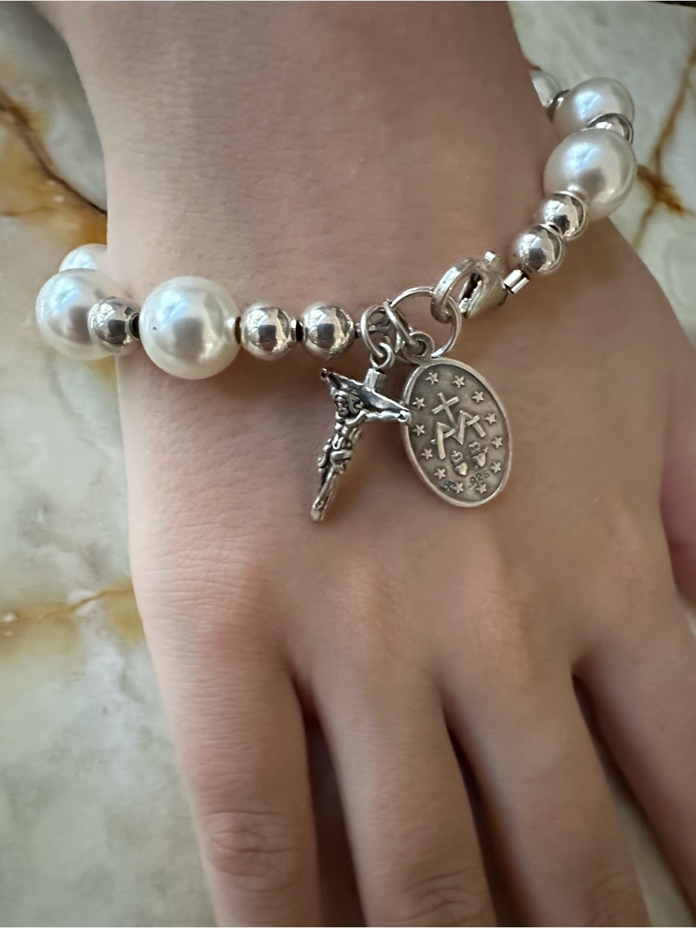 925 Sterling Silver Pearl and Silver Religious Charm Bracelet